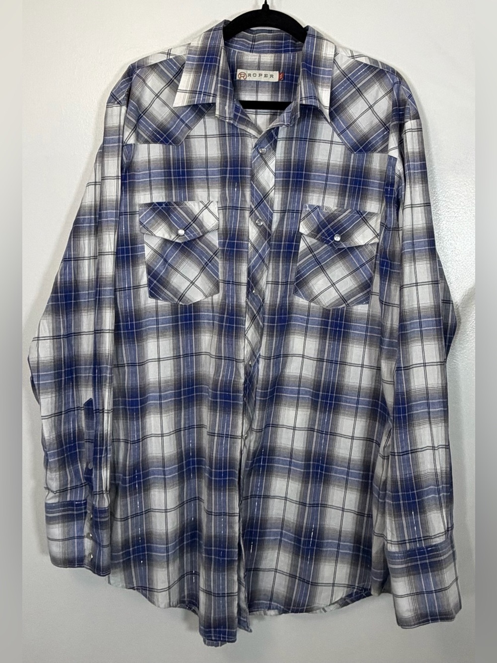 Roper Men's Blue and White Plaid Button-Down Western Shirt
